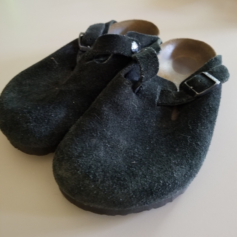 Black suede Birkenstock clogs